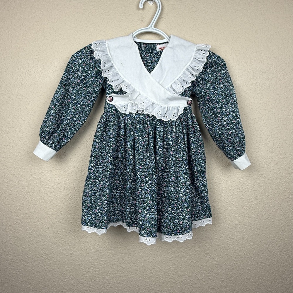 Vtg Winnie The Pooh Girls Prairie Dress Puff Sleeve Ditsy Floral Bib Yoke Sz 4T